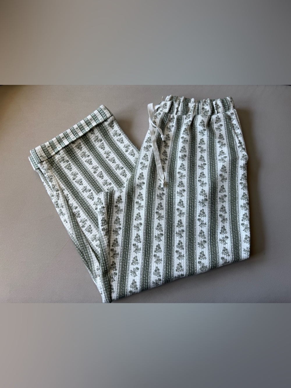 Anthropologie Green and White Striped Floral Lounge Pants